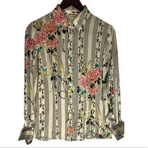 John Galliano Vintage‎ Silk Floral Print Logo Blouse Top Sz 40 RARE